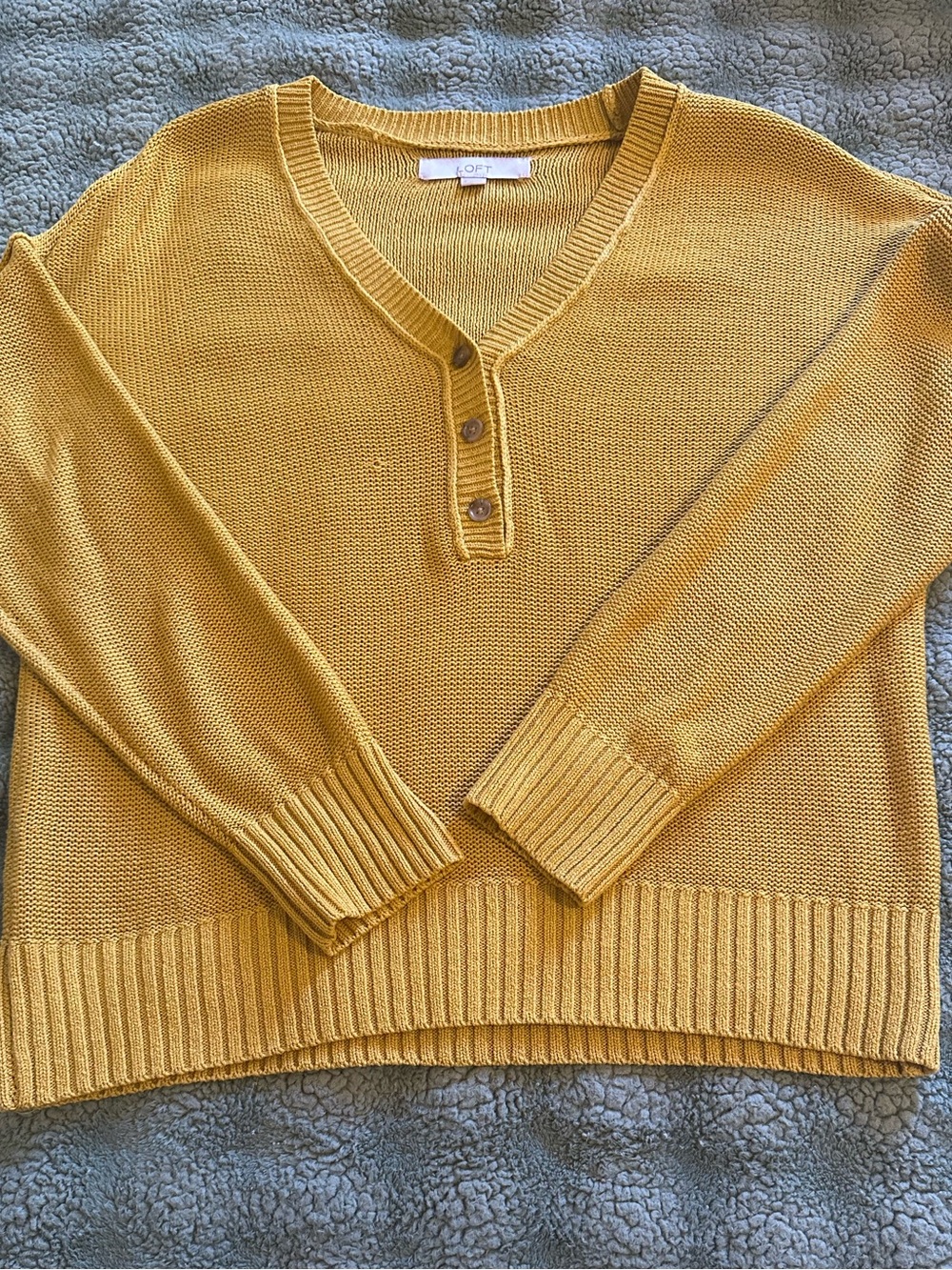 LOFT Mustard Yellow V-Neck Button Pullover Sweater